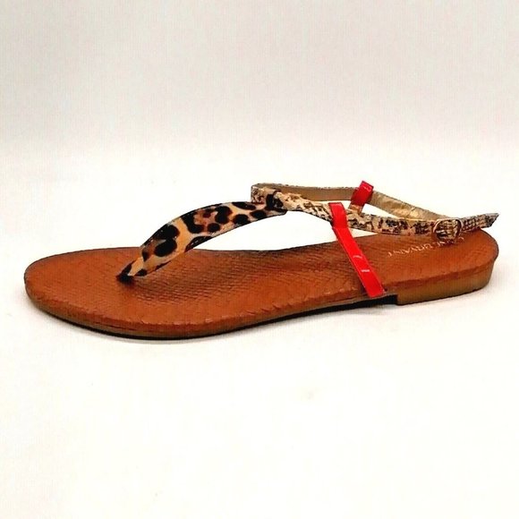 Lane Bryant Womens T Strap Thong Ankle‎ Strap Sandals Tan Leopard Print 10W - Picture 1 of 9